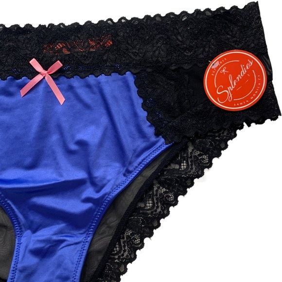 SOLD - Splendies Size 4X Royal Lace Bikini Panties Cobalt Blue Satin Black Mesh - Picture 3 of 9